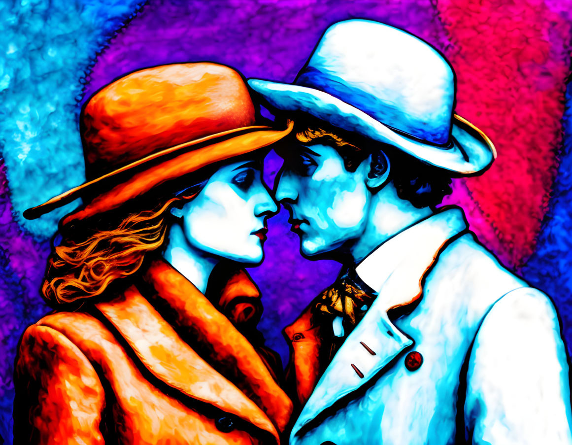 Stylized image of couple in vintage clothing with vibrant blue and orange hues.