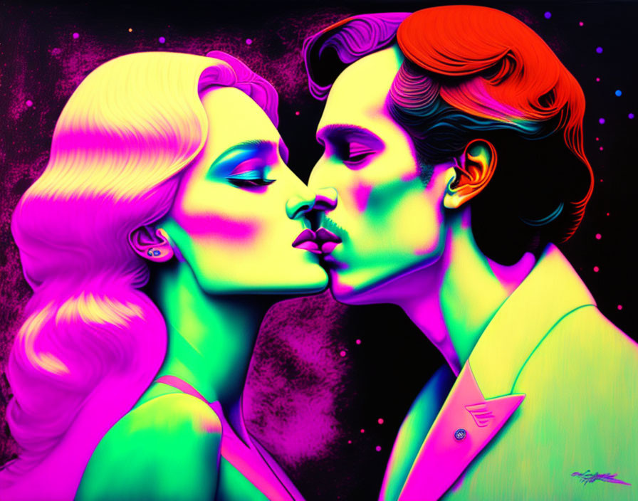 Colorful Artwork of Man and Woman in Neon Pink and Green