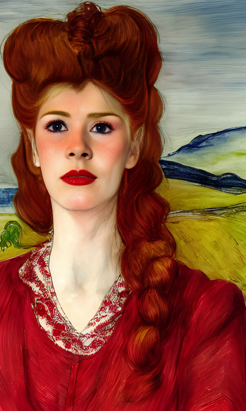 Woman with Red Hair in Braids Wearing Red Dress against Painted Landscape