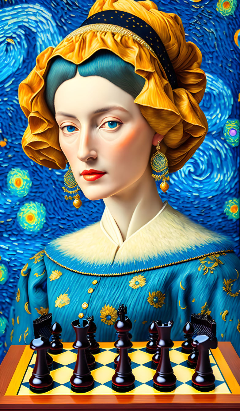 Stylized digital portrait of woman with blue hair and yellow headscarf on chessboard background