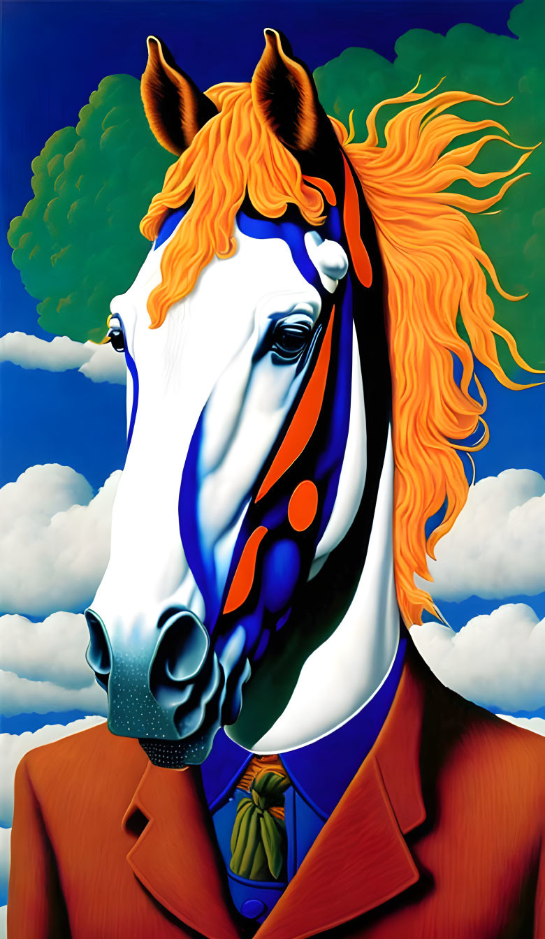 Surreal horse portrait with flowing mane in suit against cloud-filled sky