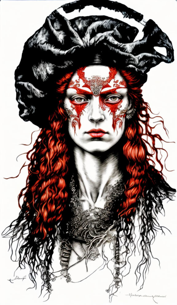 Monochrome artwork featuring a woman with red face paint and headdress