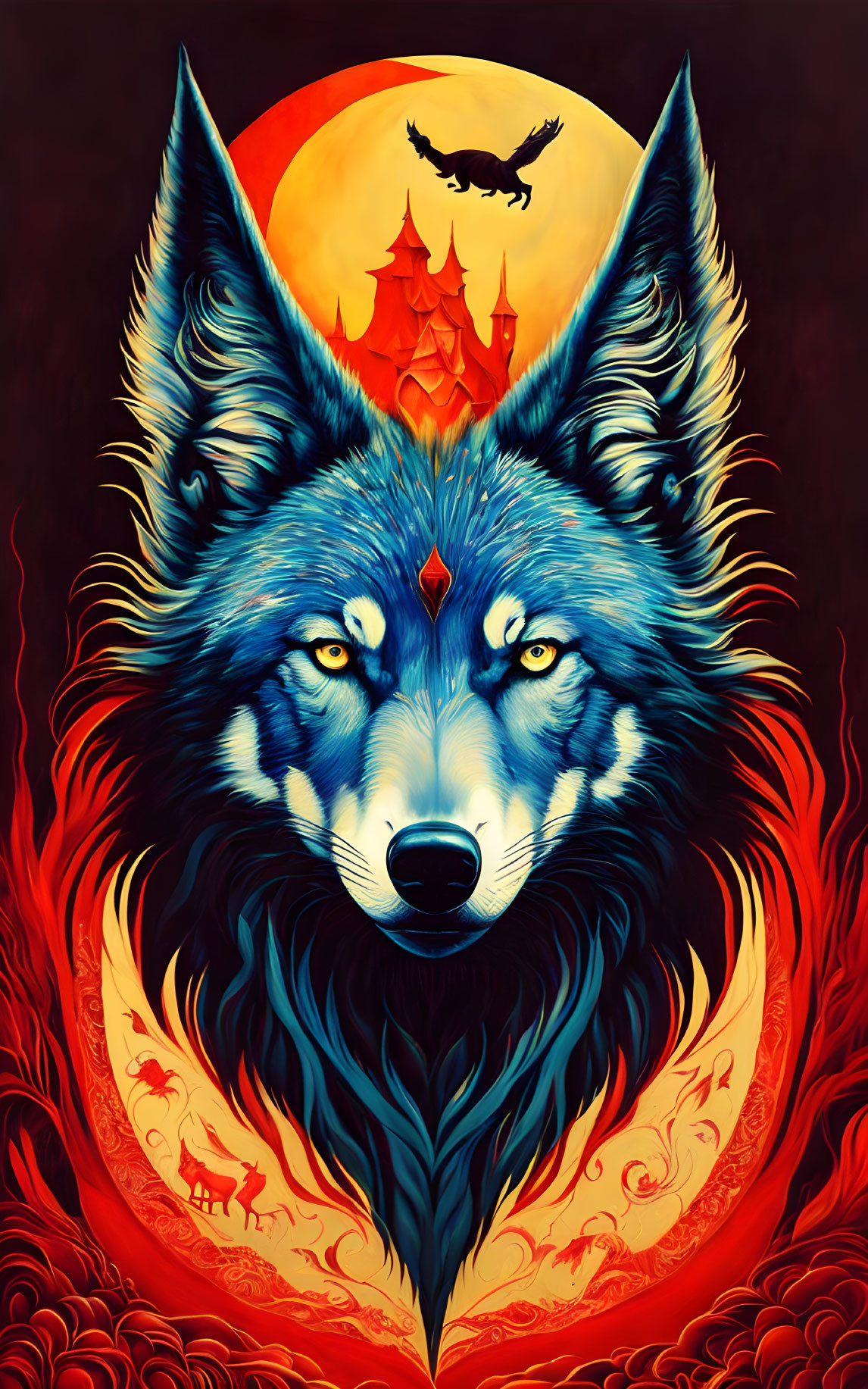 Detailed Blue and Black Wolf Artwork Against Fiery Background