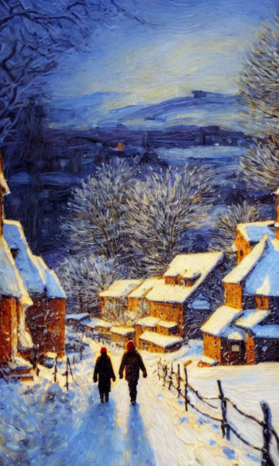 Snowy village path with two people walking at twilight