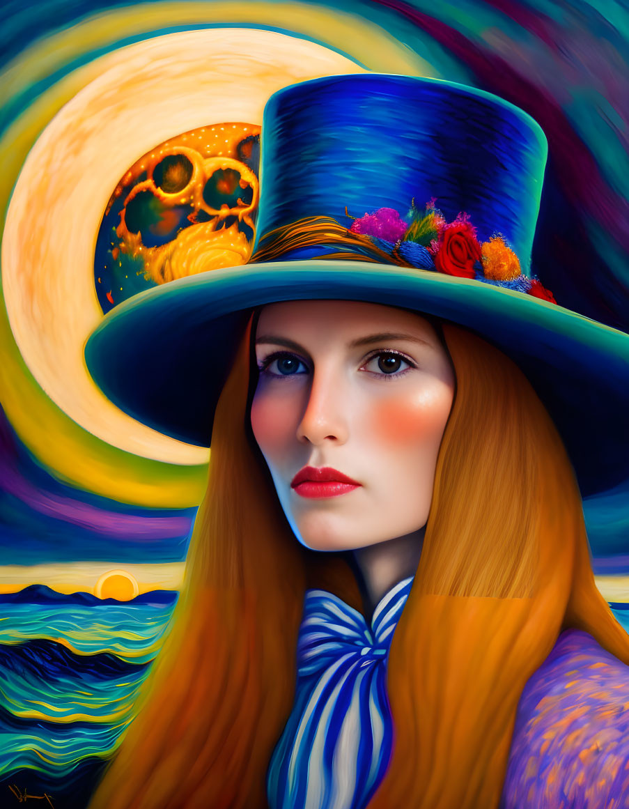 Red-haired woman in blue top hat with floral accents against moonlit ocean waves