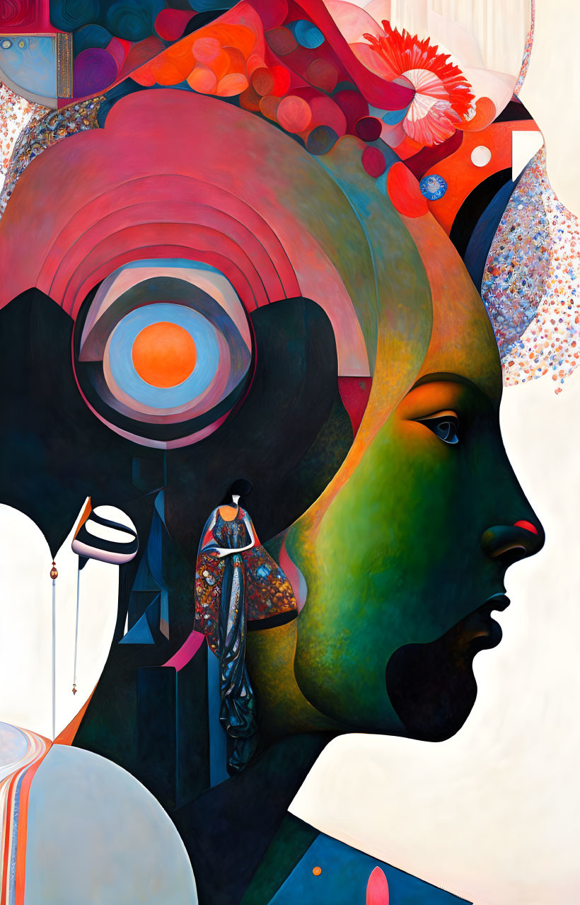 Colorful surreal painting with abstract face silhouette and celestial motifs