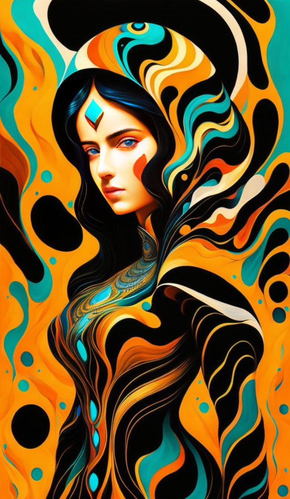 Colorful digital painting of woman merging with abstract waves