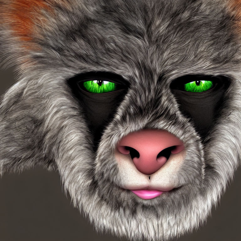 Realistic 3D Feline Face with Green Eyes and Grey Fur