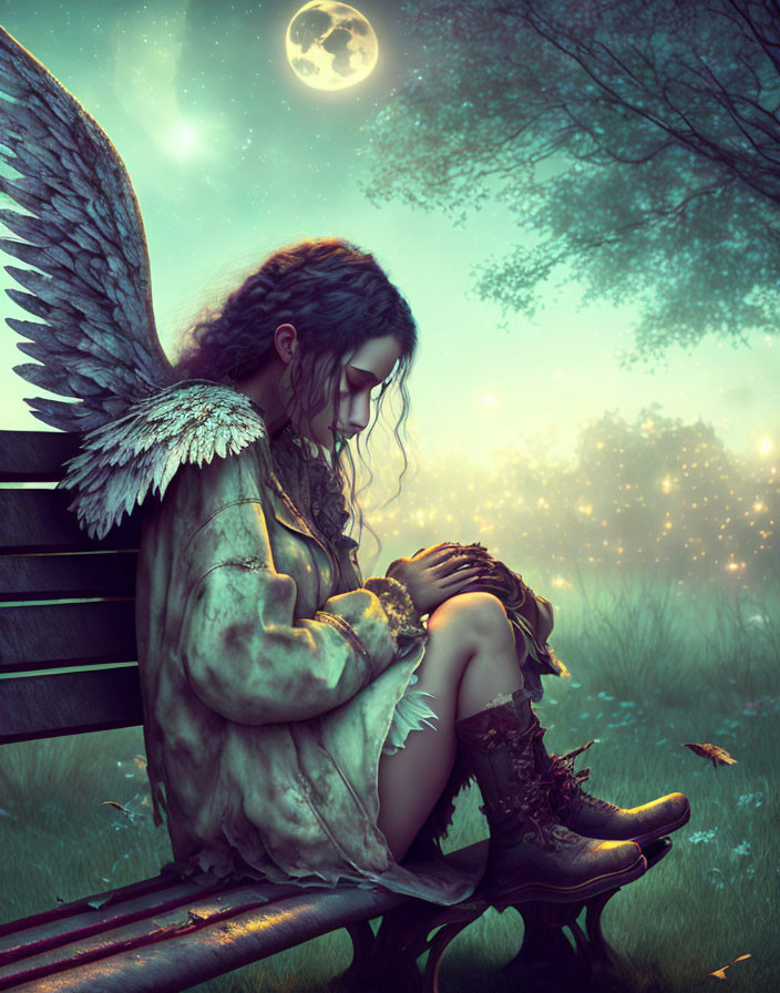 Mystical forest scene: angel with large wings on park bench