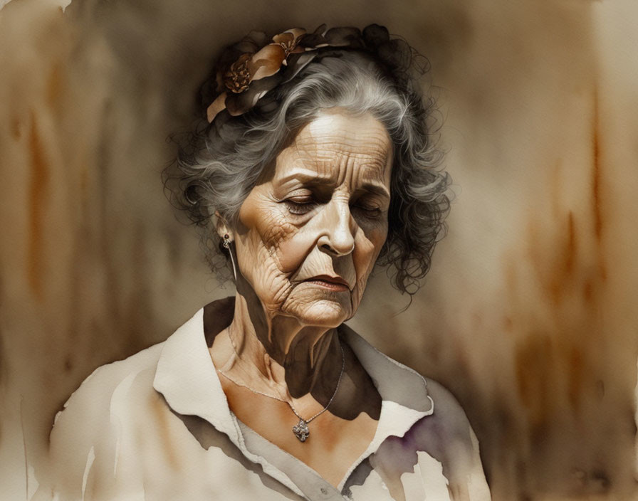 Elderly woman in sepia-toned watercolor portrait with flower, earrings, and pendant