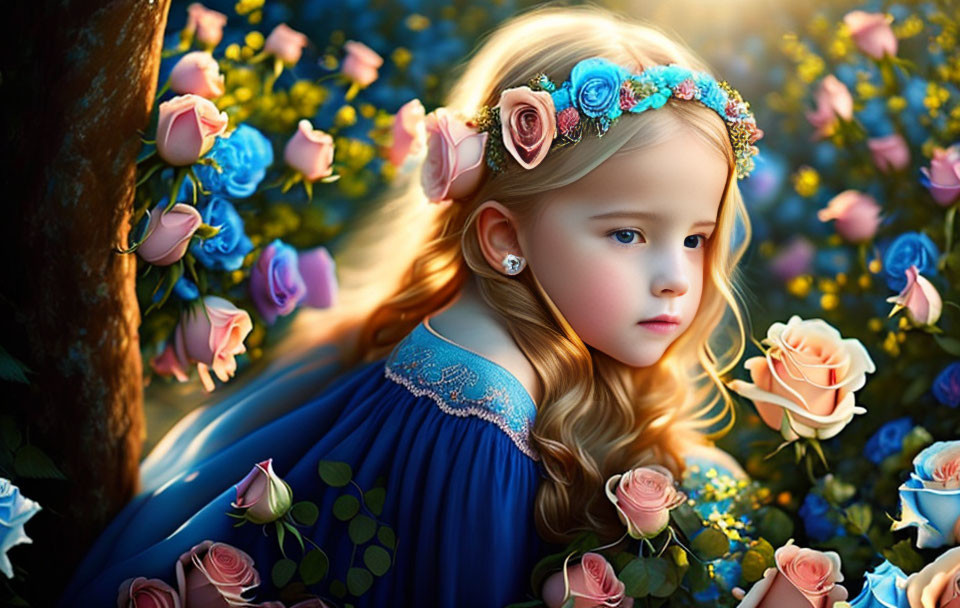 Young girl in floral headband surrounded by vibrant roses in surreal garden