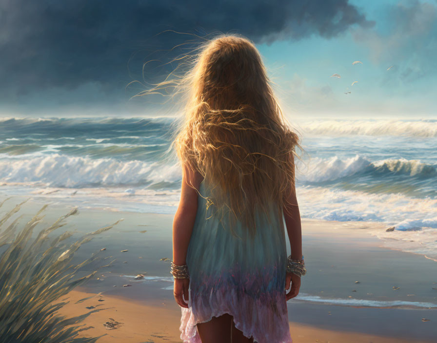 Blonde girl looking at stormy sea with seagulls and dark sky