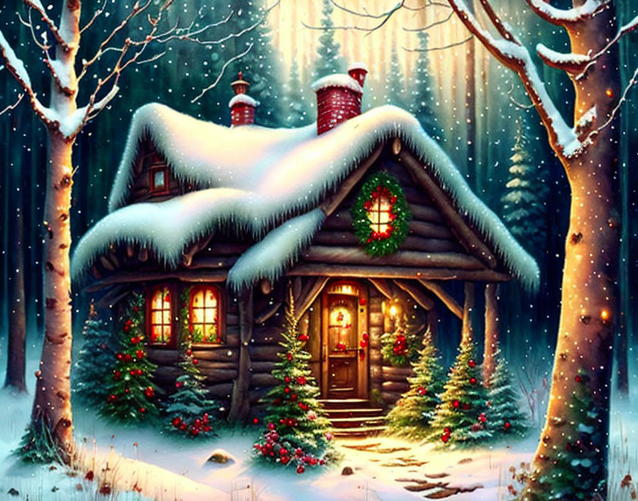 Snow-covered cabin decorated for Christmas in a forest setting