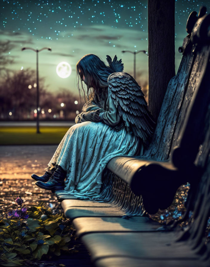 Lonely figure with angel wings on park bench under starry night.