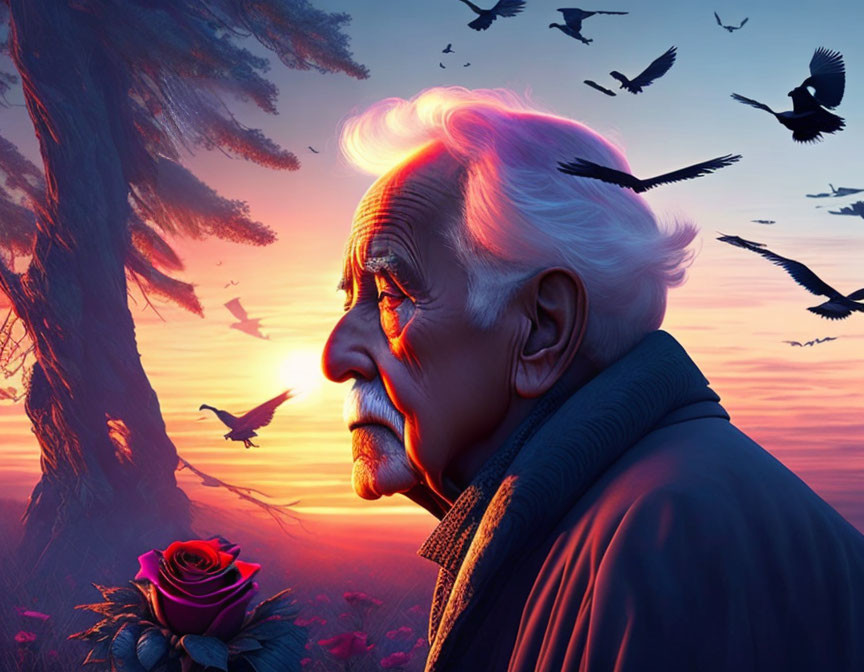 Elder man gazing with sunset, birds, and vibrant rose