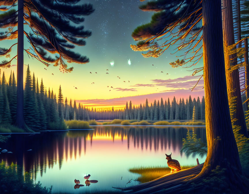 Tranquil night landscape with reflective lake, pine trees, starry sky, and owl at dusk