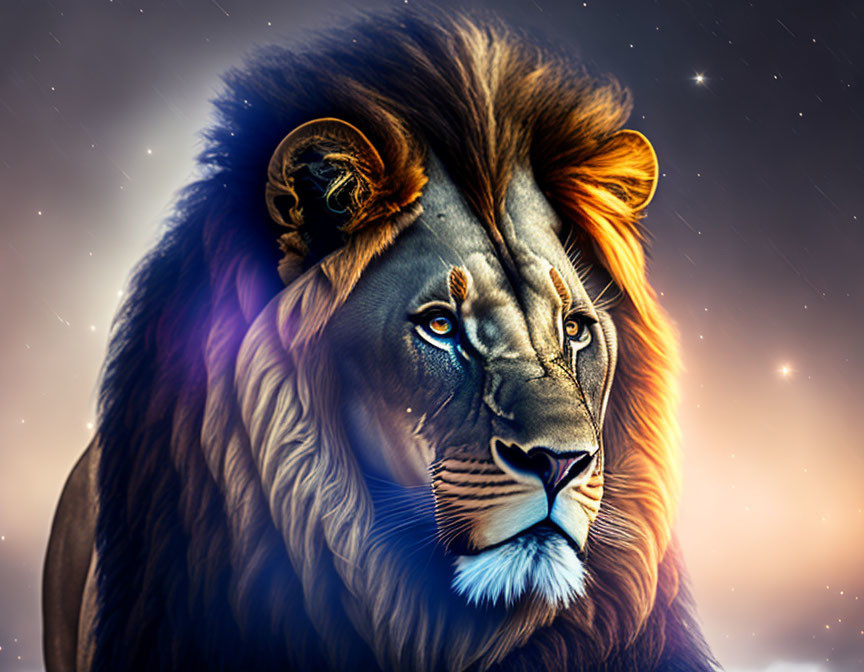 Majestic lion digital art with cosmic background & vibrant colors