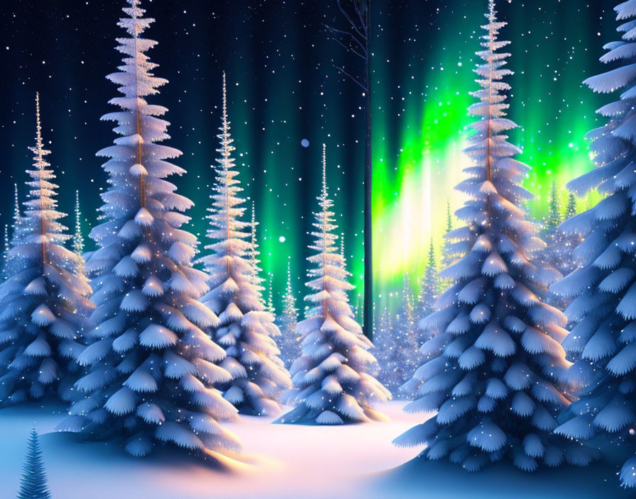 Winter scene: Snowy pines under green aurora borealis