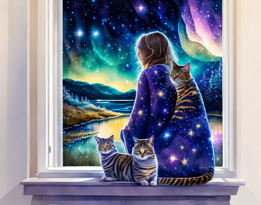 Person, two cats, vibrant night sky, cosmic galaxy pattern