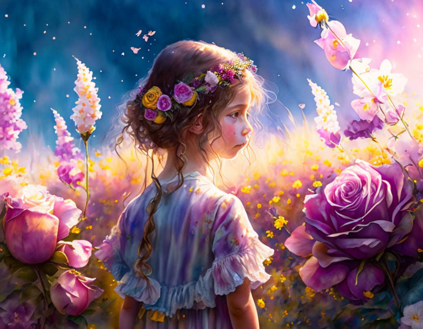 Young girl in floral dress admiring magical garden with pink roses & glowing butterflies