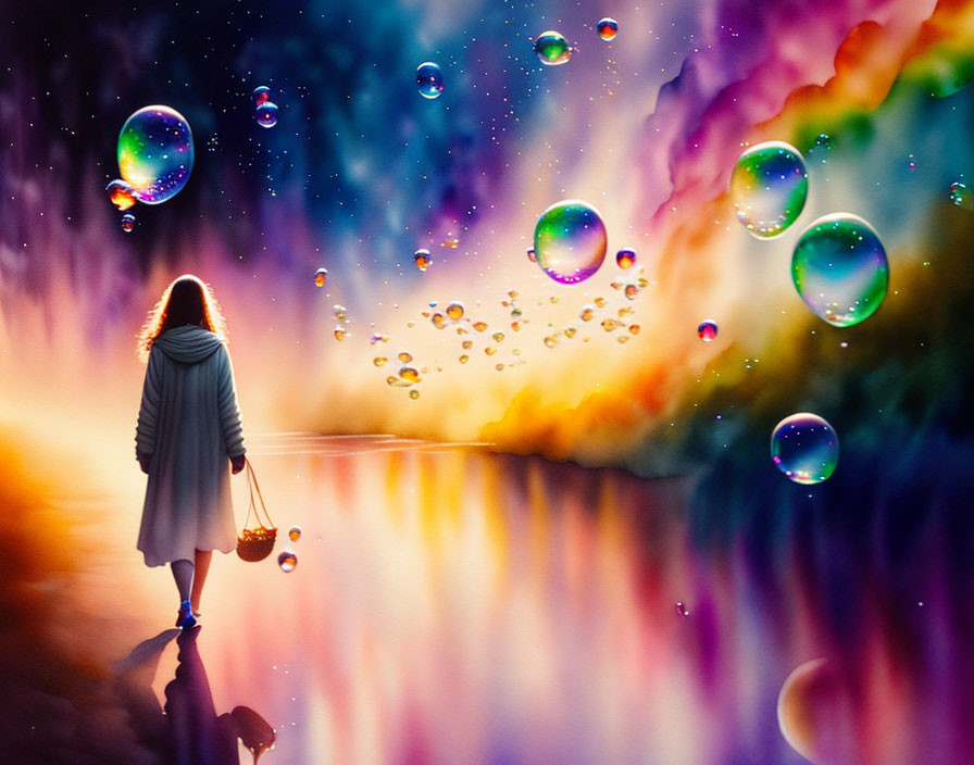 Colorful Lights Reflecting on Person with Basket and Soap Bubbles