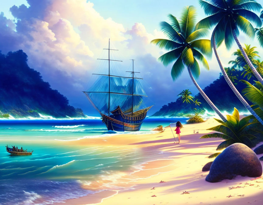 Tropical beach at dusk with tall ship, small boat, palm trees, and person walking