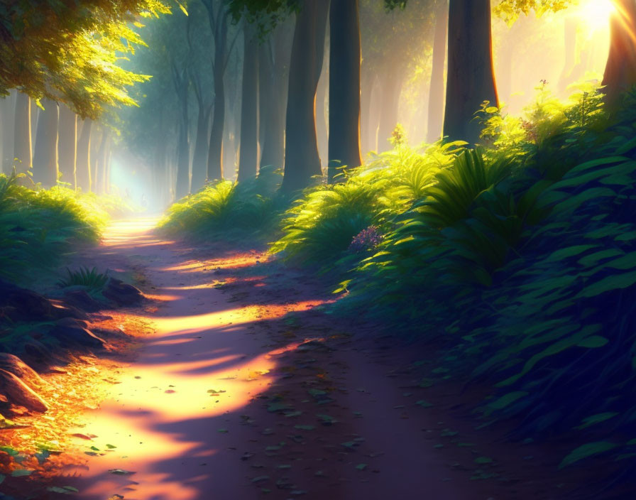 Sunlit Forest Path with Foliage-Lined Trail