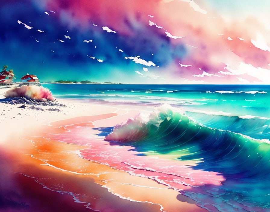 Colorful Beach Scene with Waves, Sky, Birds, and Palm Trees