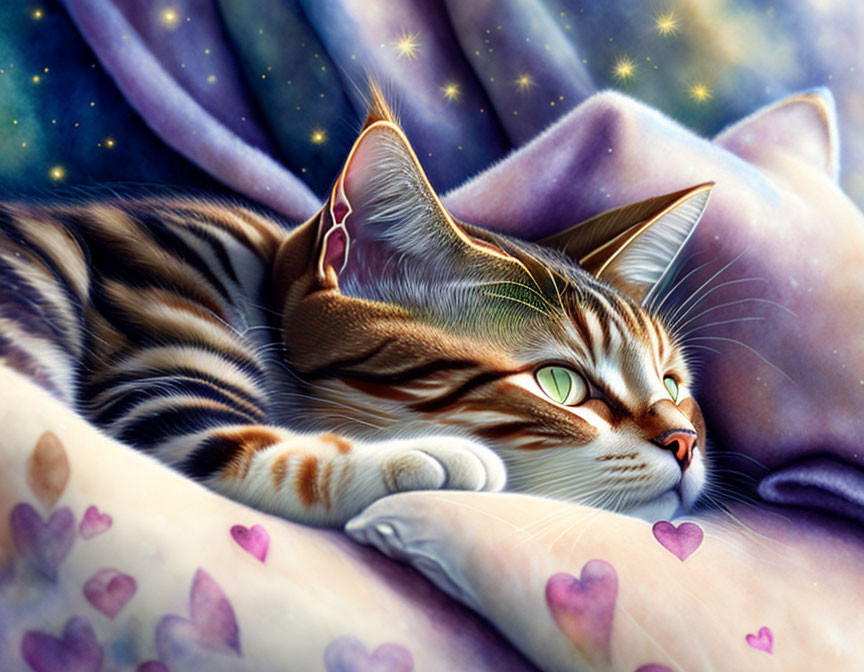 Illustration of Tabby Cat on Heart-Patterned Pillow Under Starry Sky