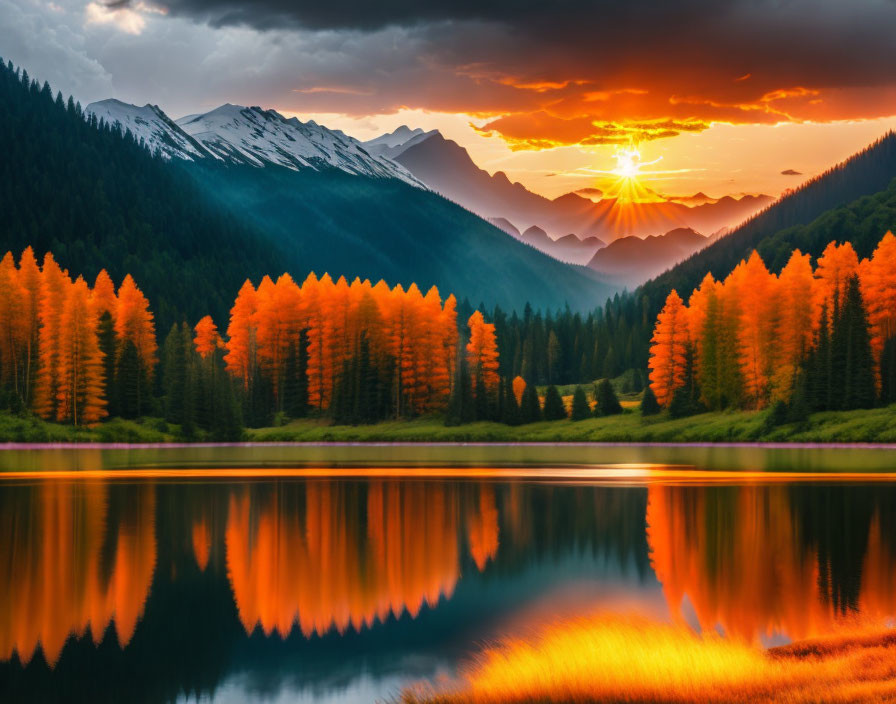 Scenic sunset over tranquil lake with fiery trees and snow-capped mountains