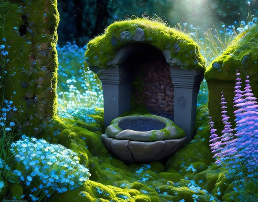 Enchanting forest scene at night with moss-covered stone fountain and glowing blue & purple flowers