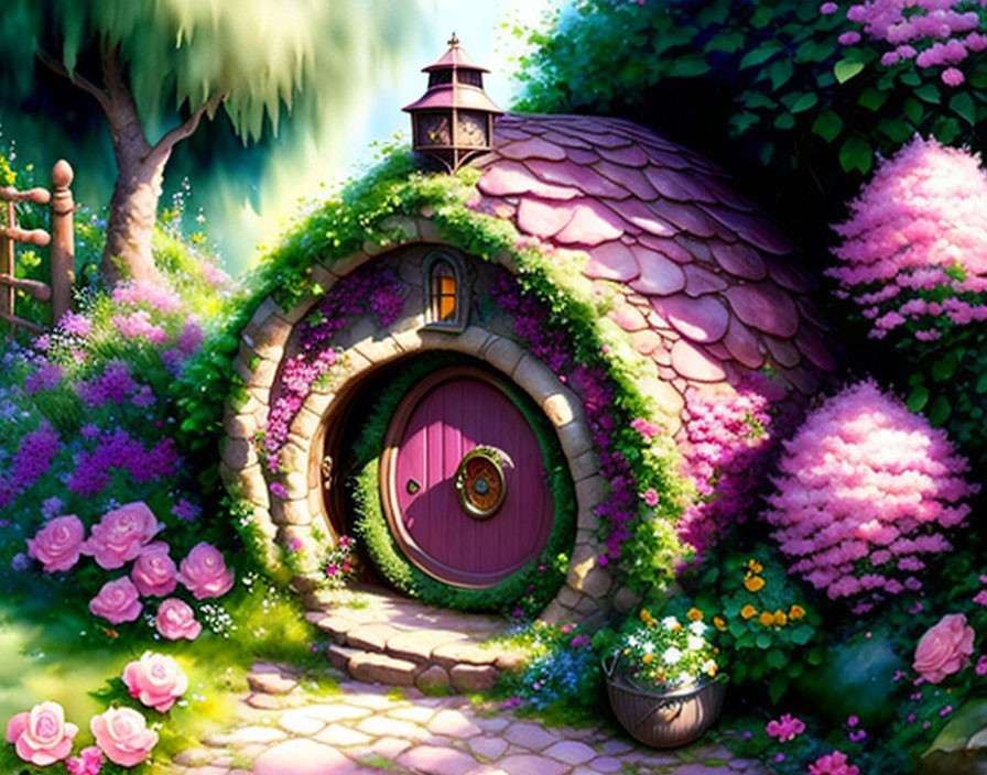 Whimsical round door in lush flower-covered hill with lantern