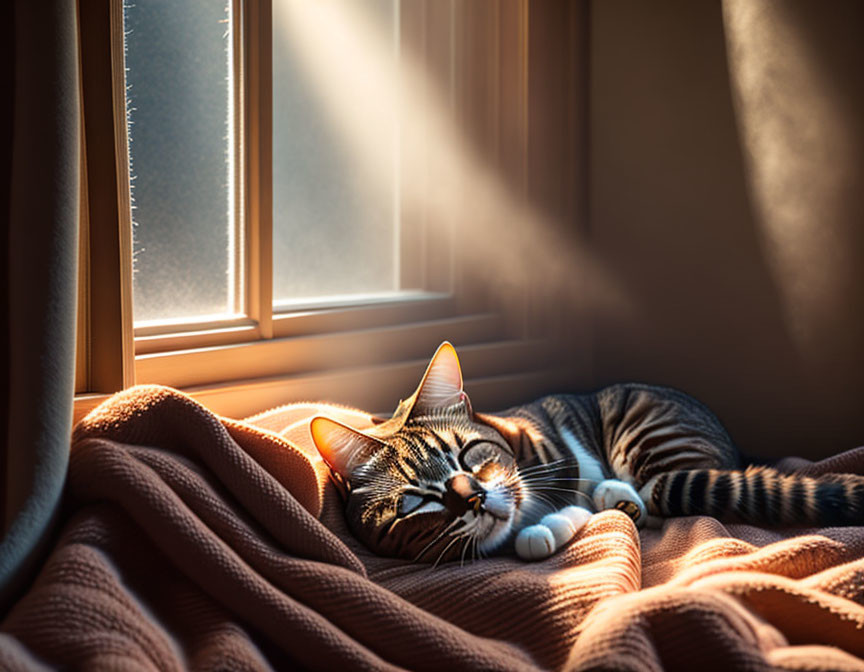 Cat relaxing in sunlight on cozy blanket near window