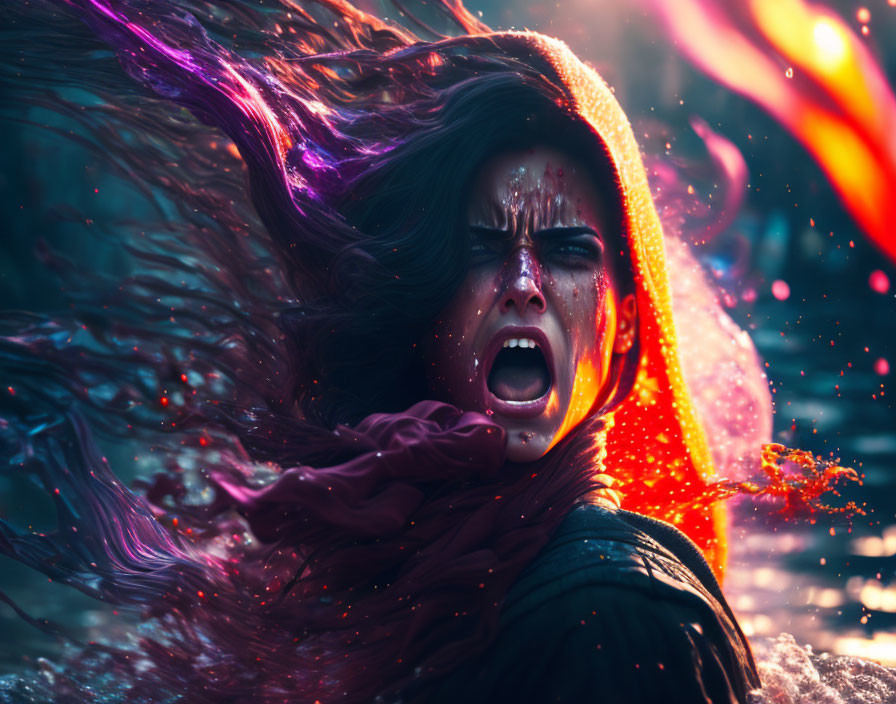 Dramatic woman screaming with flowing hair in fiery explosion