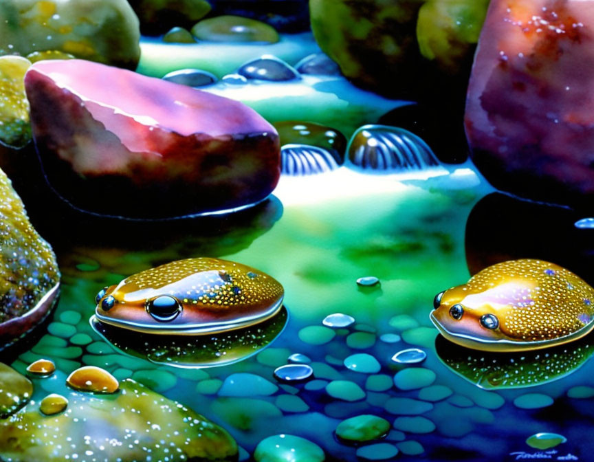 Vibrant glossy frogs on wet stones in surreal setting