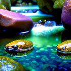 Vibrant glossy frogs on wet stones in surreal setting