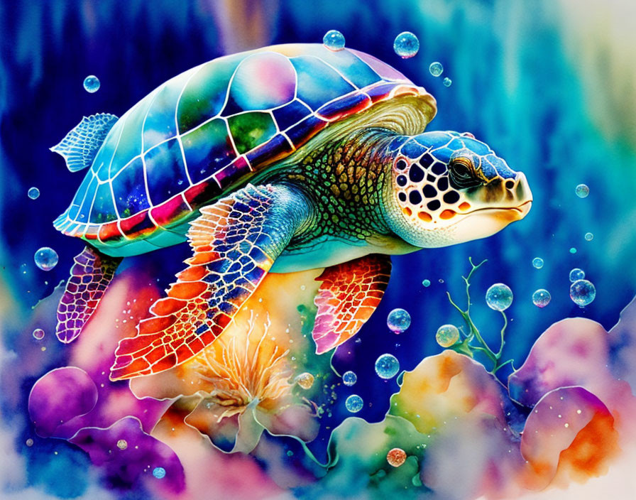 Colorful Sea Turtle Illustration with Bubbles and Marine Flora