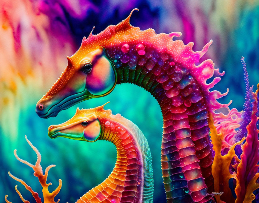 Colorful Seahorses and Coral in Neon Palette