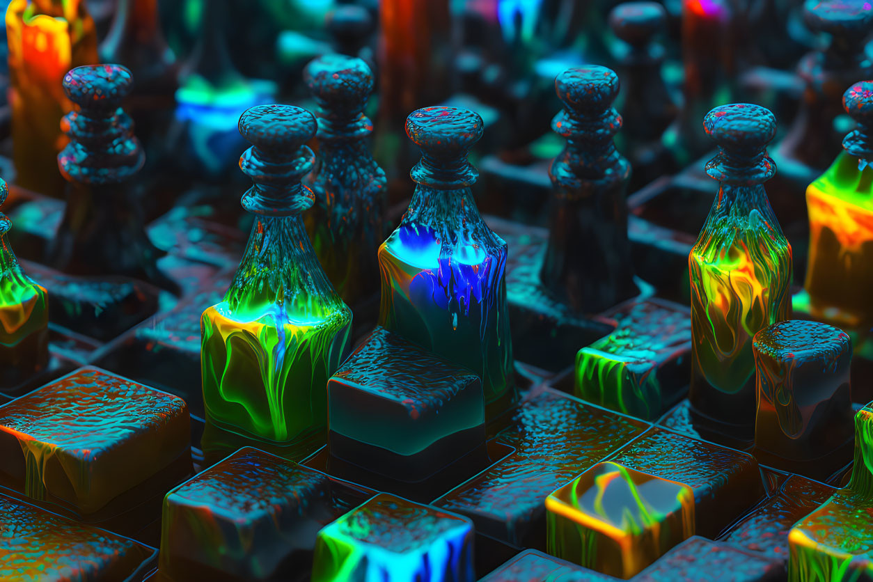 Colorful Iridescent Chessboard with Glowing Liquid-Like Pieces