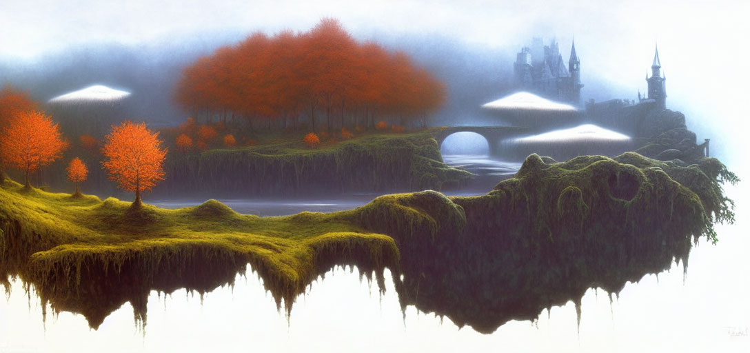 Tranquil fantasy landscape with autumn trees, reflective lake, misty background, castles, and