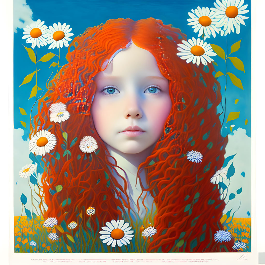 Vibrant red-haired girl in surreal portrait with daisies on blue sky