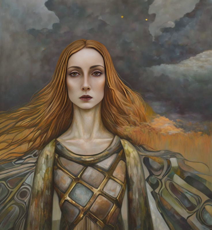 Portrait of woman with auburn hair, patterned cloak, set against stormy skies.