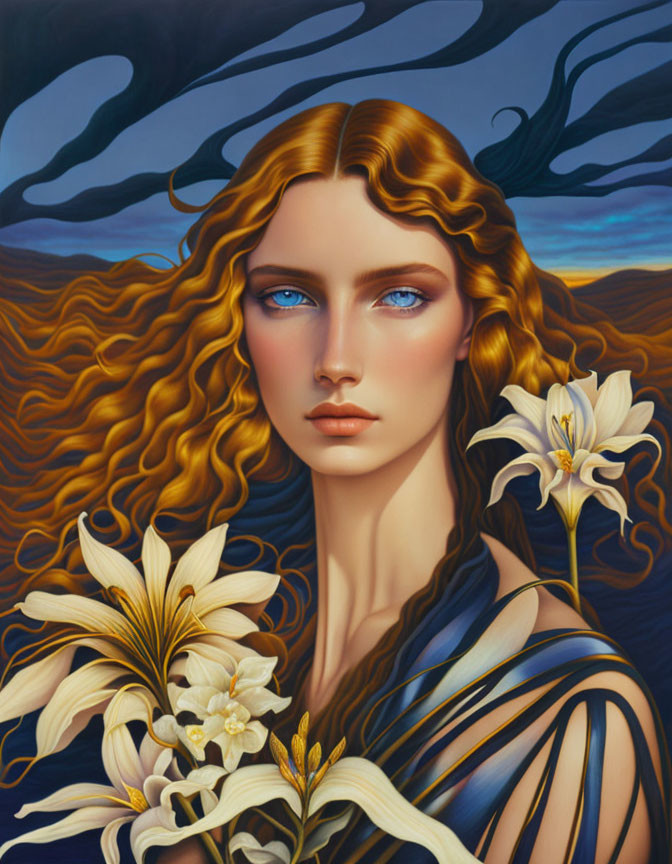 Stylized painting of woman with curly hair and lilies on dark background