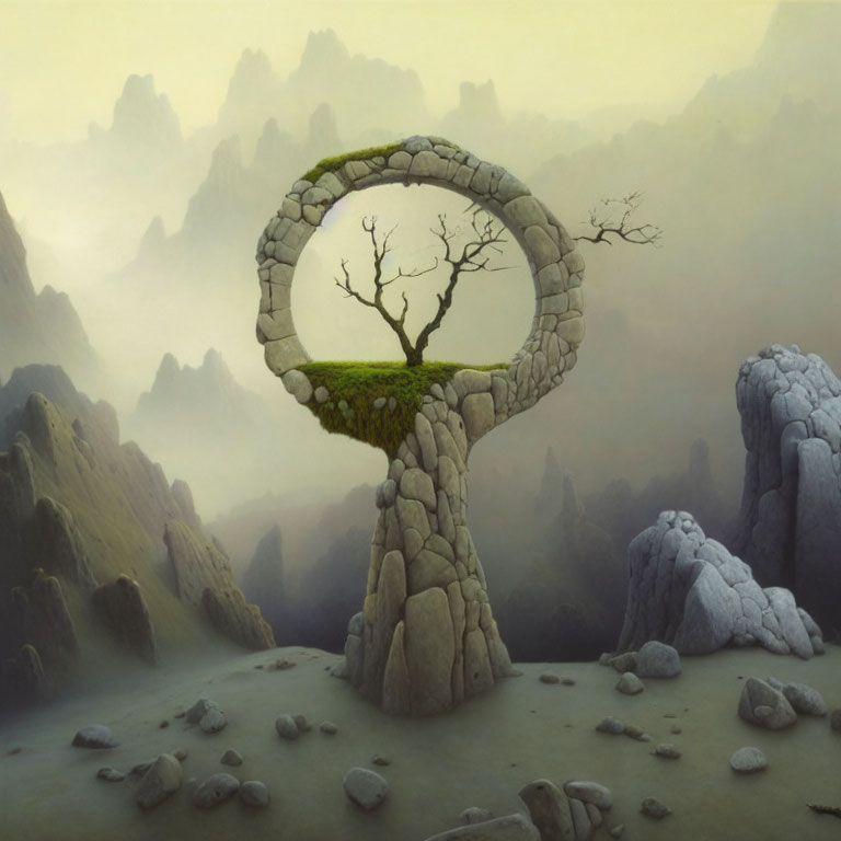 Surreal landscape with rocky keyhole structure and lone tree amid misty mountains