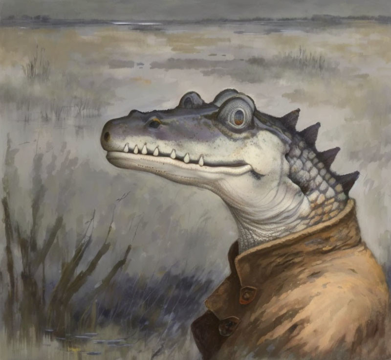 Whimsical Crocodile Painting in Vintage Brown Coat