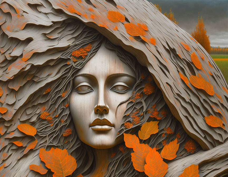 Digital Art: Woman's Face on Wooden Canvas with Autumn Leaves