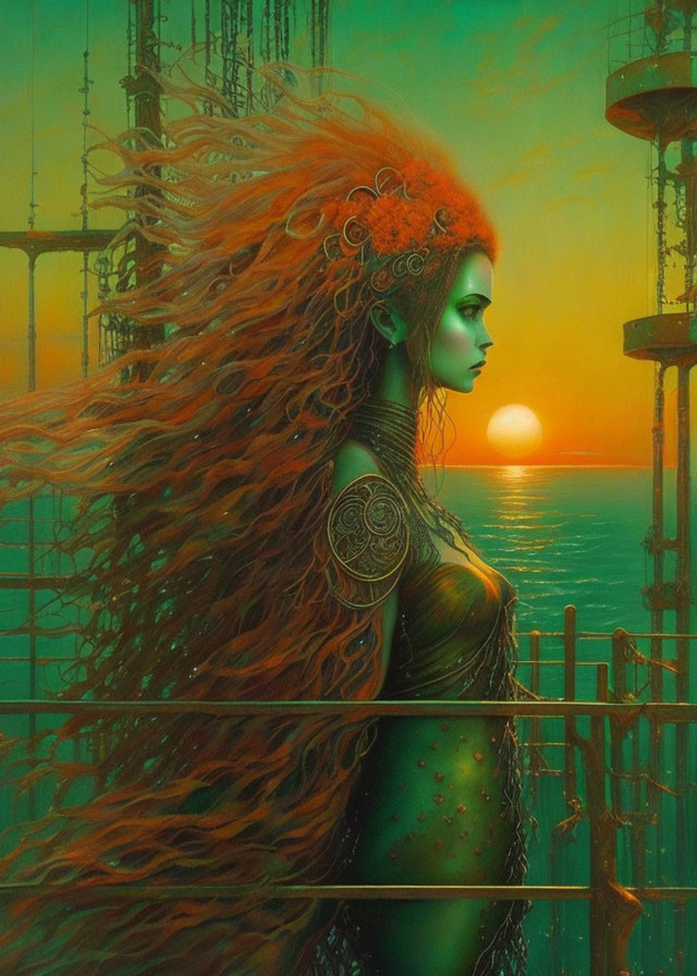 Fantasy artwork of woman in red hair and armor by sea with industrial towers at sunset