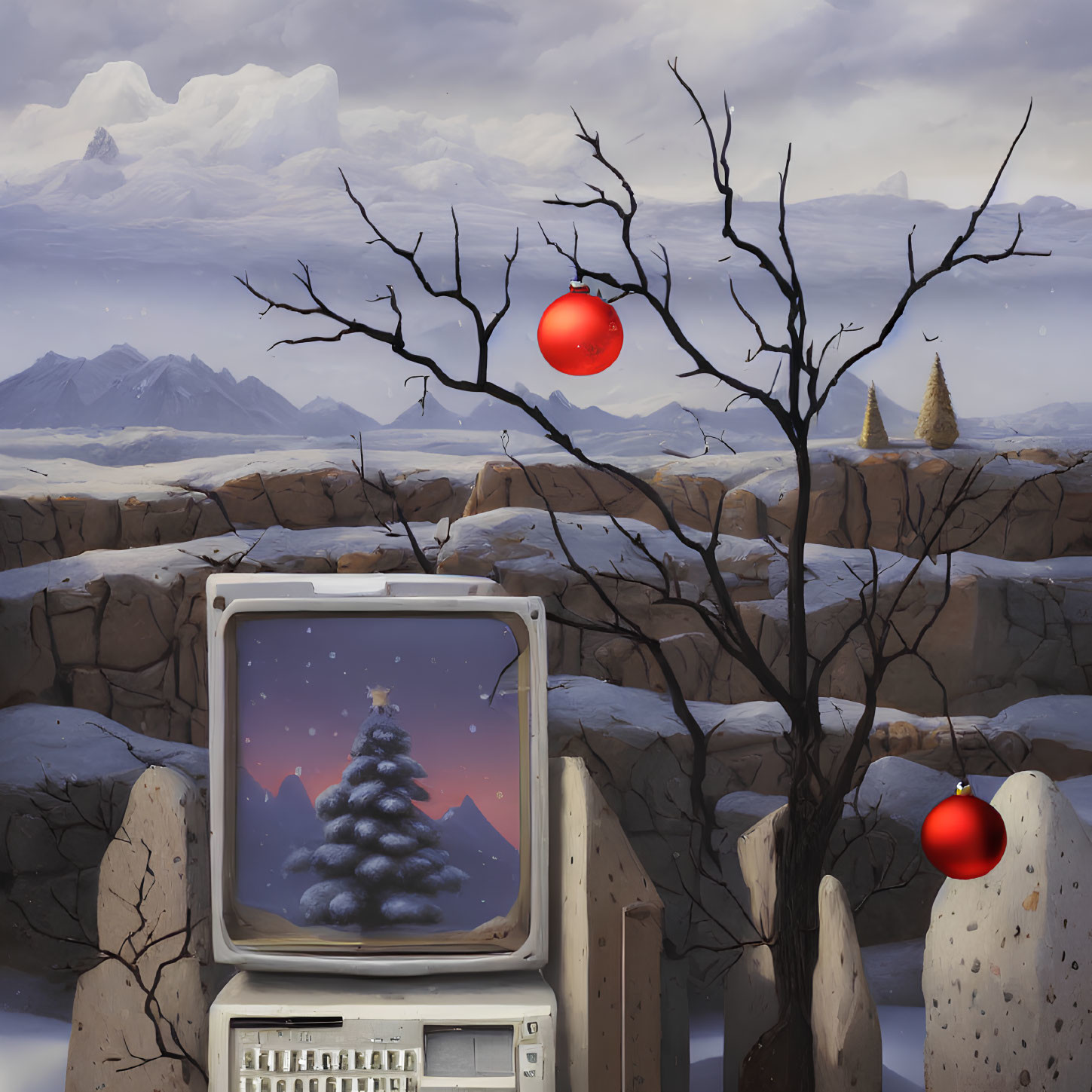 Vintage computer displays wintry Christmas scene with snowy tree and red ornament.