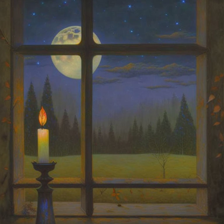 Night scene with candle, full moon, stars, and forest silhouette viewed through window