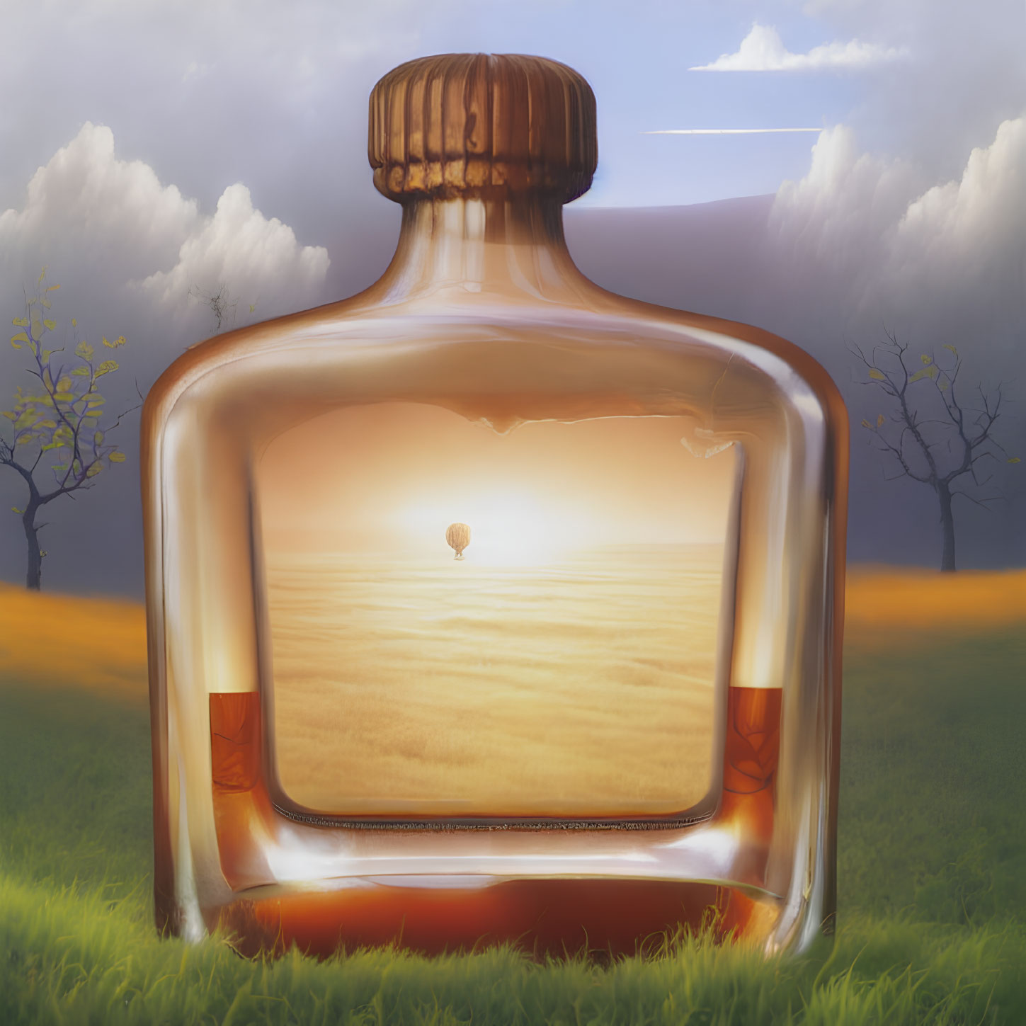 Surreal illustration: glass bottle with desert landscape, hot air balloon, sand dunes, grass